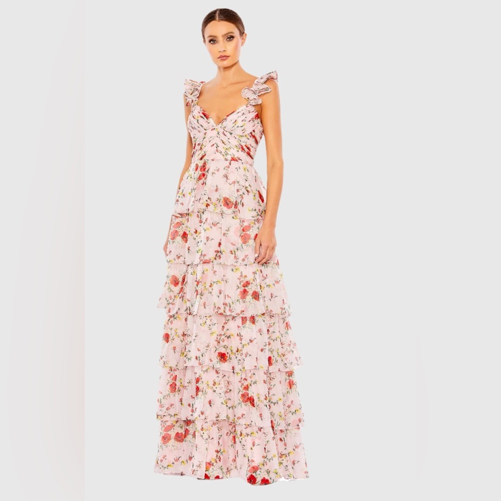 MAC DUGGAL - Ruffled Sleeveless Draped Tiered Floral Print Gown BRAND NEW w/TAG